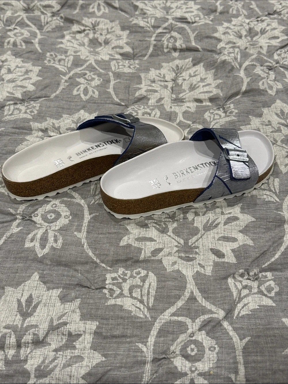 Birkenstock Women’s Metallic Silver Single-Band Slide Sandals